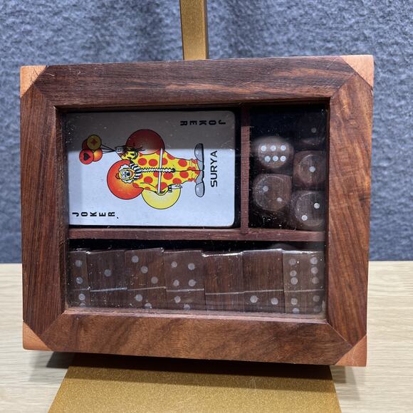 Vintage Uniquely C. Wooden Domino & Dice Cards Set in Decorative Wooden Box, - Picture 1 of 11